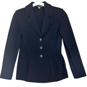 St John Basics Vintage Navy Blue Santana Knit Blazer Brass Button Old Money Sz 2